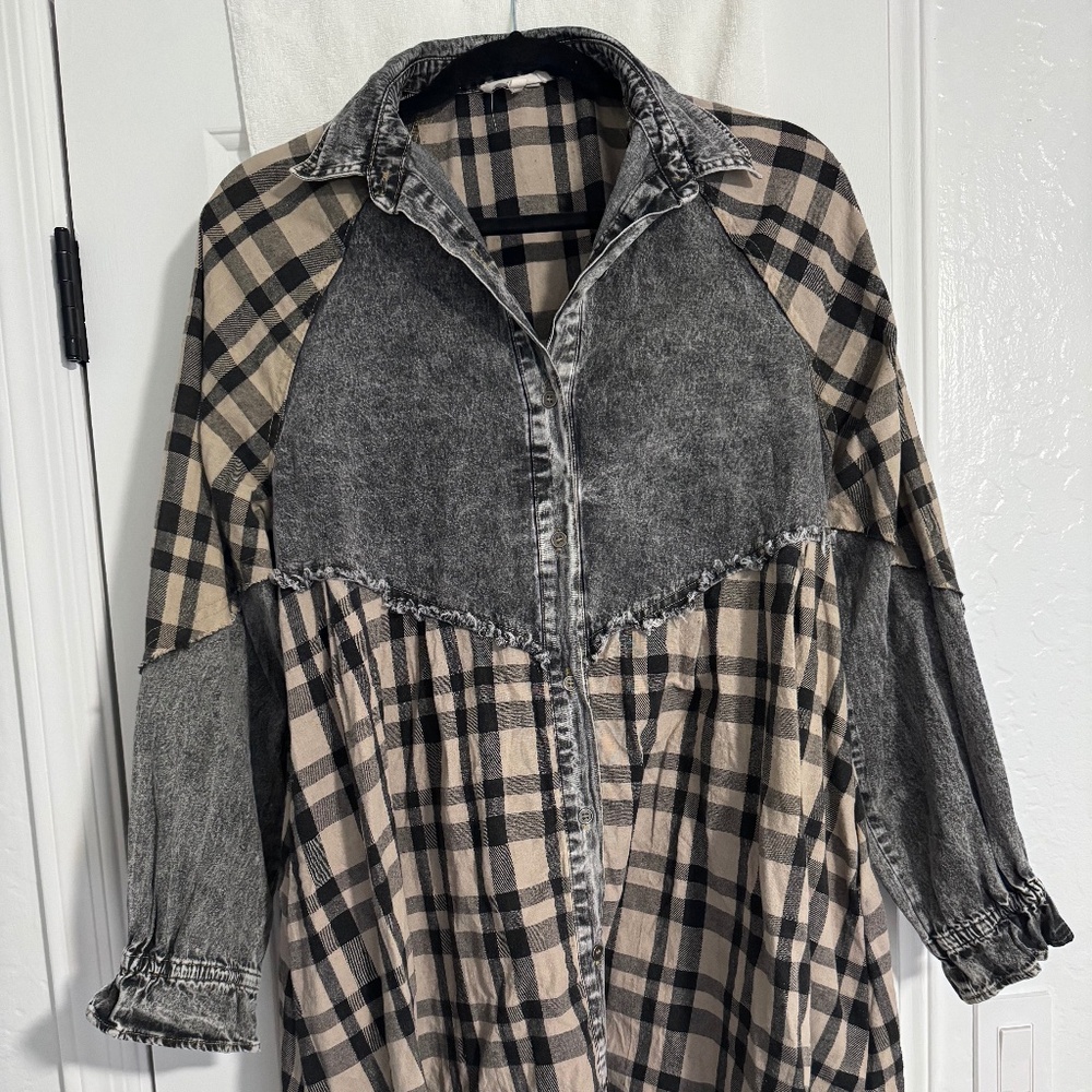 Plaid and Washed Denim Mixed-Print Shirt Dress in Beige/Black
